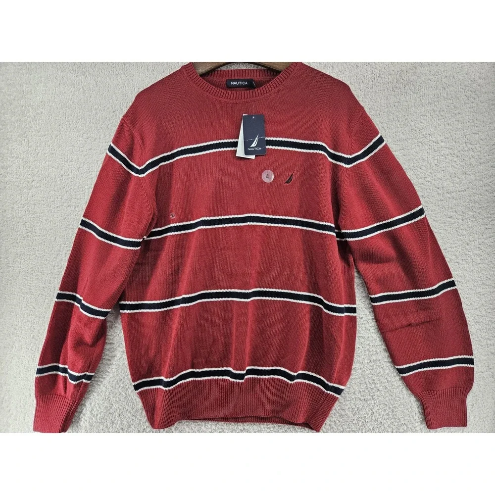 New Nautica Mens Large Red Striped Long Sleeve Sweater Pullover Crewneck